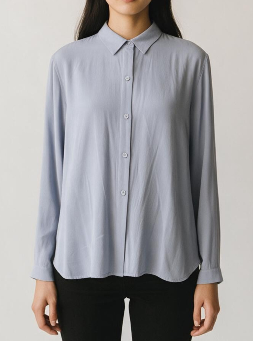 A5 Authentic EILEEN FISHER Solid Light Blue Button Up 100% Silk Shirt Size L